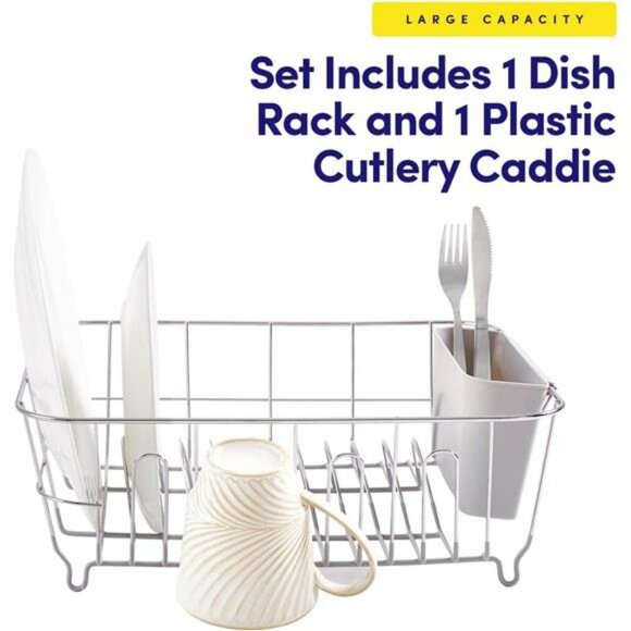 Dish drying rack with utensil holder compact in sink kitchen organizer silver - Picture 4 of 7